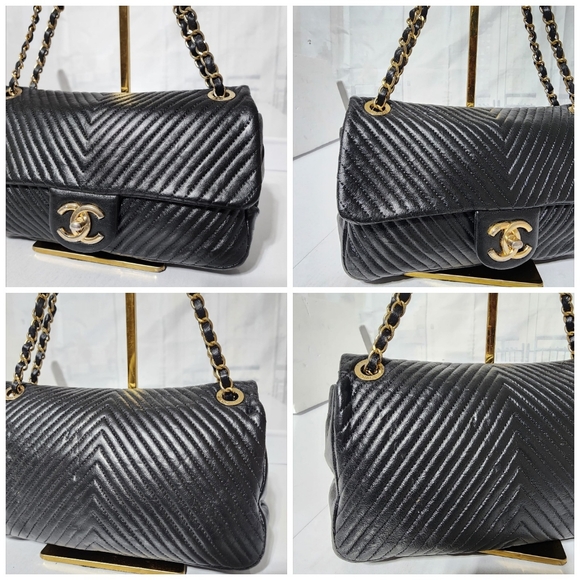 CHANEL Calfskin Chevron Quilted Medium Surpique Flap Shoulder Bag Black - Picture 9 of 16
